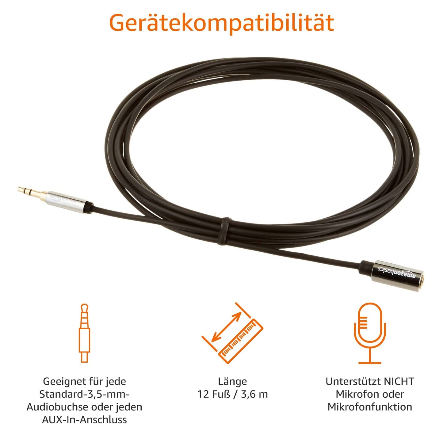 Amazon Basics Stereo Auxiliary Audio-Verlängerungskabel für Männer/Frauen, 3,5 mm, 3.6 m, Schwarz/Grau