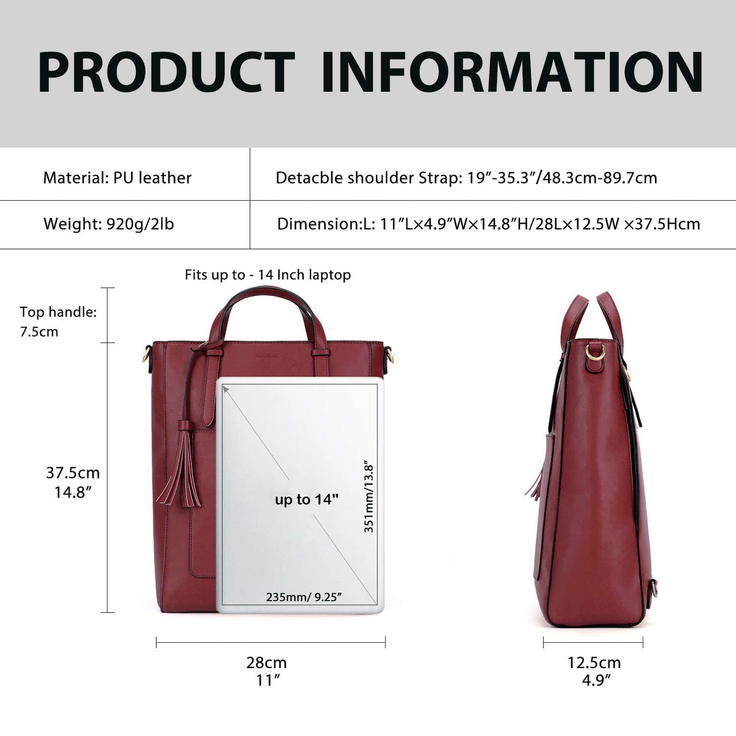 ECOSUSI Rucksack Damen Handtasche Multifunktion 3 In 3 Tote bag Tragetasche für Die Arbeit Reisen, Rot