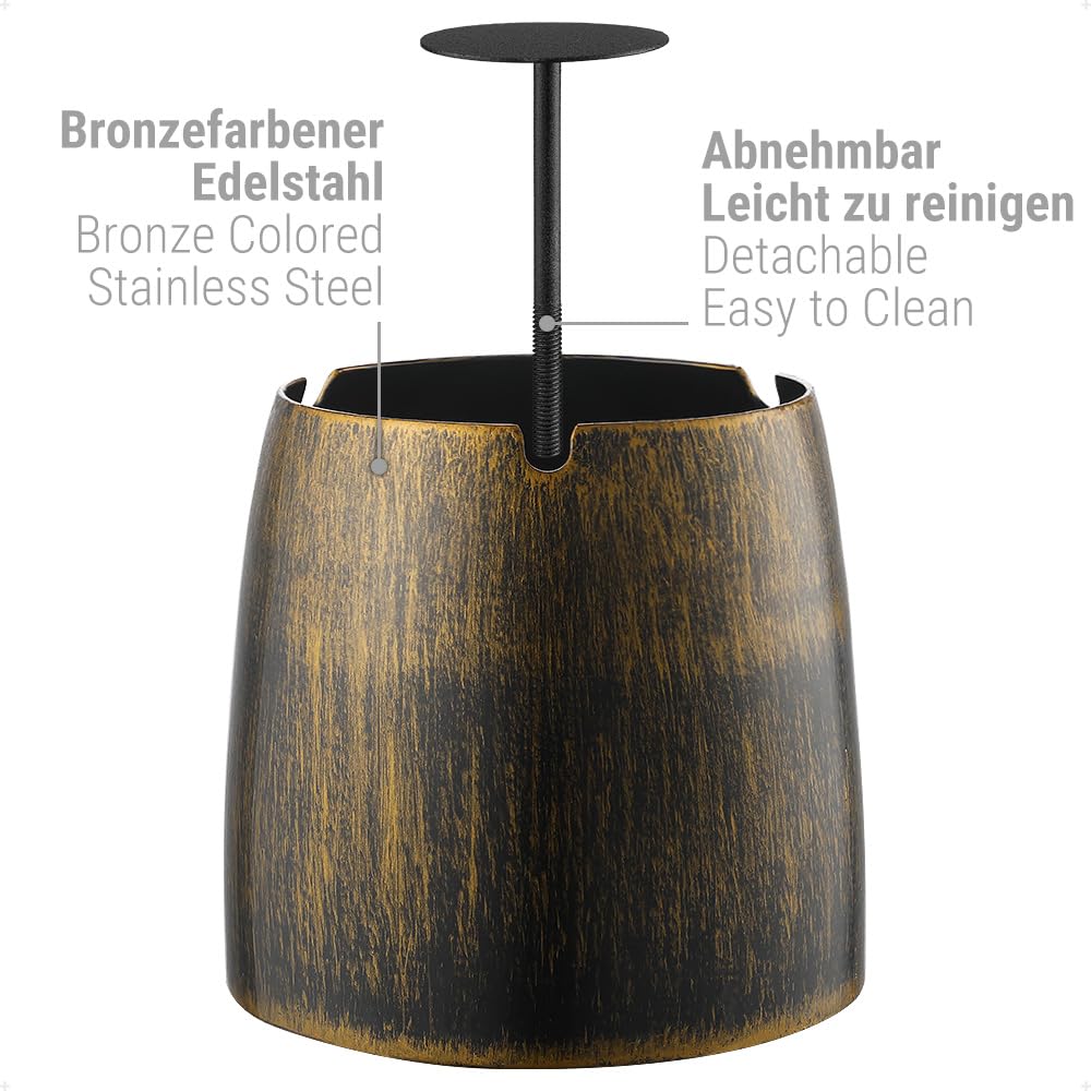 ecooe Premium Windaschenbecher mit Deckel Edelstahl/Aschenbecher Groß Wind- und Regensicher für Draußen & Innen/Tischaschenbecher mit Rutschfestem Basis Farbe Bronze