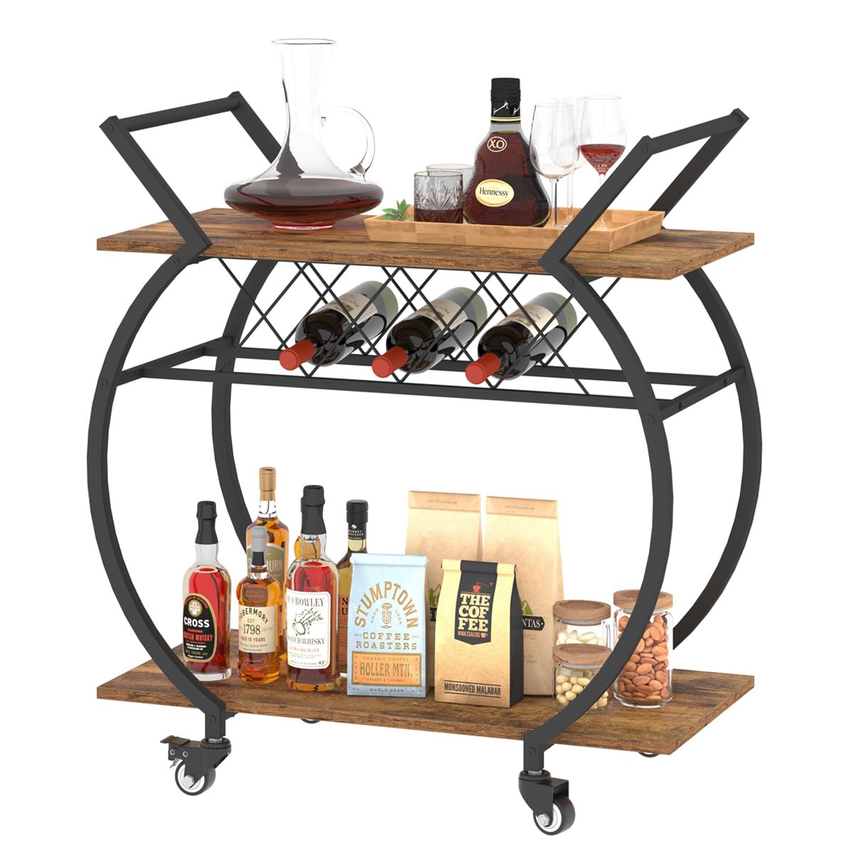 Mudmasa Servierwagen mit Rollen, Küchenrollwagen mit Weinflaschregalen, Mobiler Getränkewagen Barwagen mit Rädern für Küche, Esszimmer, Bar, Industrie, 76B x 40.5T x 84H cm, Vintagebraun-Schwarz