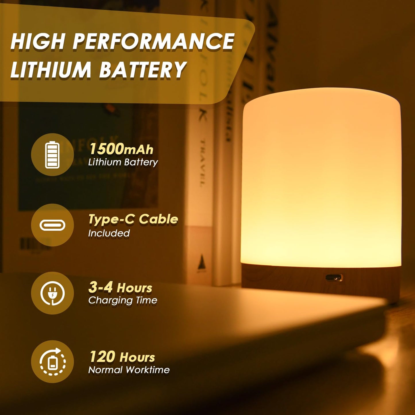Auxmir LED Nachttischlampe Touch Dimmbar mit 256 RGB Farben & 4 Modi, Tischlampe Kabellos USB Aufladbar, Nachtlicht Holzmaserung Timing Funktion, Tragbar Nachtlampe für Schlafzimmer Wohnzimmer Camping