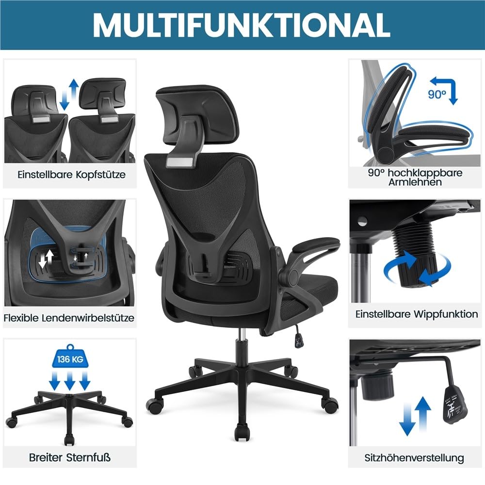 Yaheetech Bürostuhl Ergonomisch, Schreibtischstuhl mit Hochklappbaren Armlehnen, Drehstuhl mit Rückenlehne und Verstellbarer Kopfstütze, bis 136 kg Belastbar Schwarz