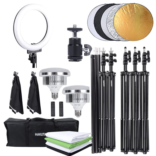 HAKUTATZ® Profi Fotostudio Set Softbox Ringlicht Greenscreen mit Ständer Studioleuchte Set Hintergrundsystem