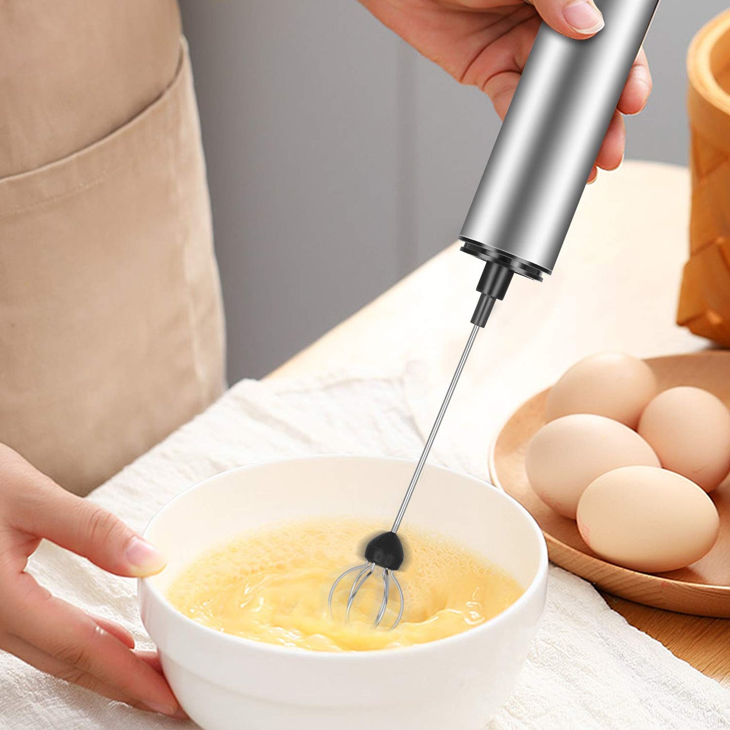 MOSUO Elektrischer Milchaufschäumer, wiederaufladbar, USB und Mini-Handmixer mit Doppel-Schneebesen, Mixer aus Edelstahl für Kaffee, Creme, Cappuccino, Latte, Cocktails, Saft