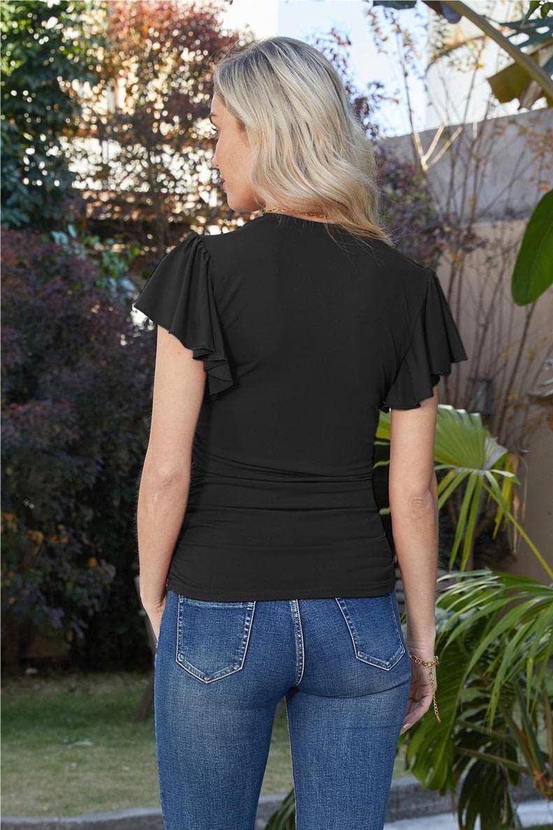 GRACE KARIN Damen V-Ausschnitt Oberteile Sexy Kurzarm Slim Fit Tops Tunika Elegant Einfarbig Blusen CL1977S23-01_00L