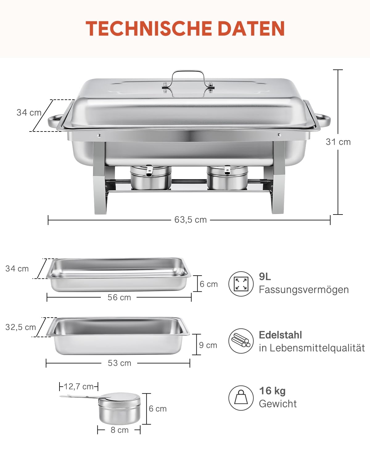 Wilprep Chafing Dish Edelstahl Buffet-Set Warmhaltebehälter Speisenwärmer Wärmebehälter Rechaud für Catering, Buffet und Party (4 Set x 9L)