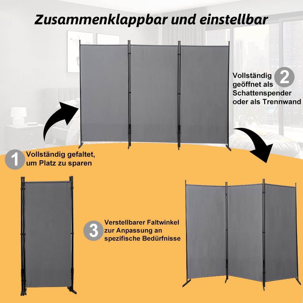 Mingone Raumteiler Trennwand Innen Garten Stellwand Spanische Wand Balkon Sichtschutz Paravent aus Stoff 3 teilig für Büros 260x180cm Groß, Anthrazit