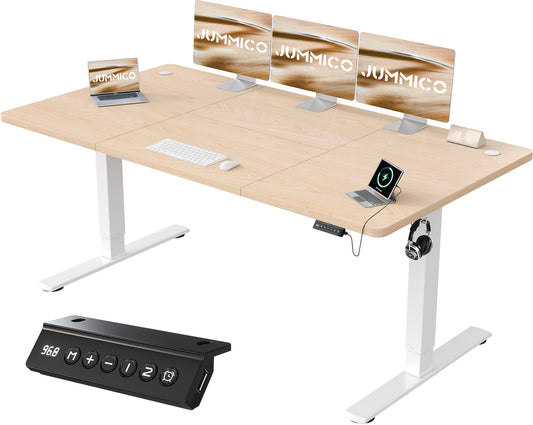 JUMMICO elektrisch höhenverstellbarer Schreibtisch 180x80 cm Beige mit USB