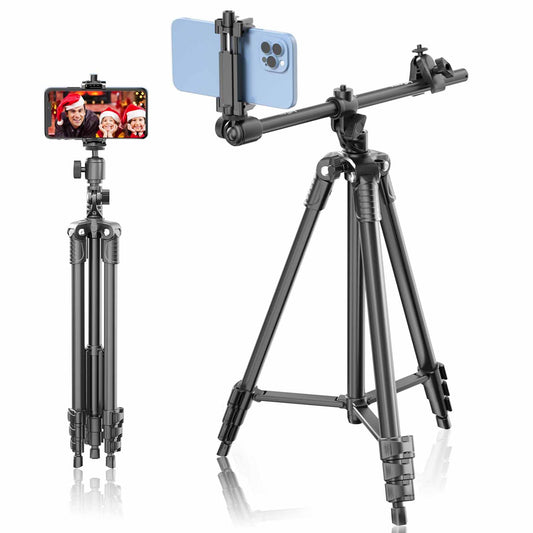 Handy Stativ, 167 cm Horizontal iPhone Stativ mit 360° Verstellbarem Kugelkopf und Fernbedienung für Kamera/iPhone/Webcam, Stativ für Videoaufnahmen mit Verlängertem Arm/Cliphalterung (Black)