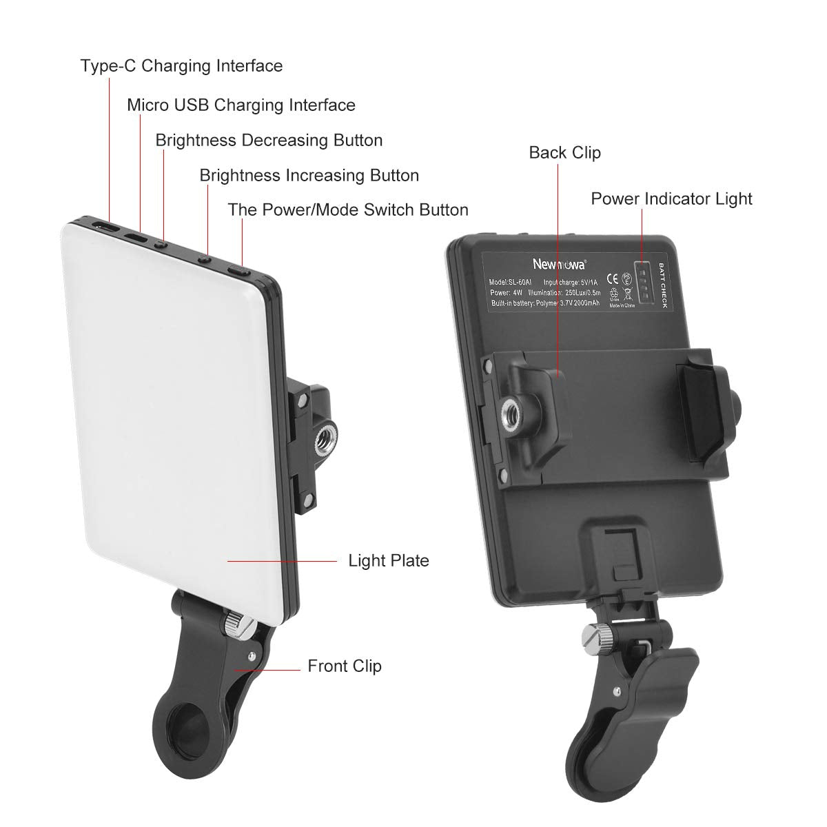 Newmowa 60 LED Videolicht, 3200-5600K 3 Lichtmodi und Helligkeit 10-stufiges dimmbares CRI95 + High Power Panel-Licht, eingebauten Akkus für Phone, iPhone, Android, iPad, Laptop