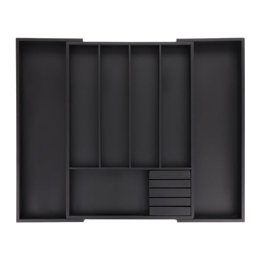 Relaxdays Besteckkasten ausziehbar, Bambus, HBT: 5 x 32,5-55 x 44,5 cm, 5-7 Fächer, Besteckfach mit Messerblock, schwarz, 1 Stück