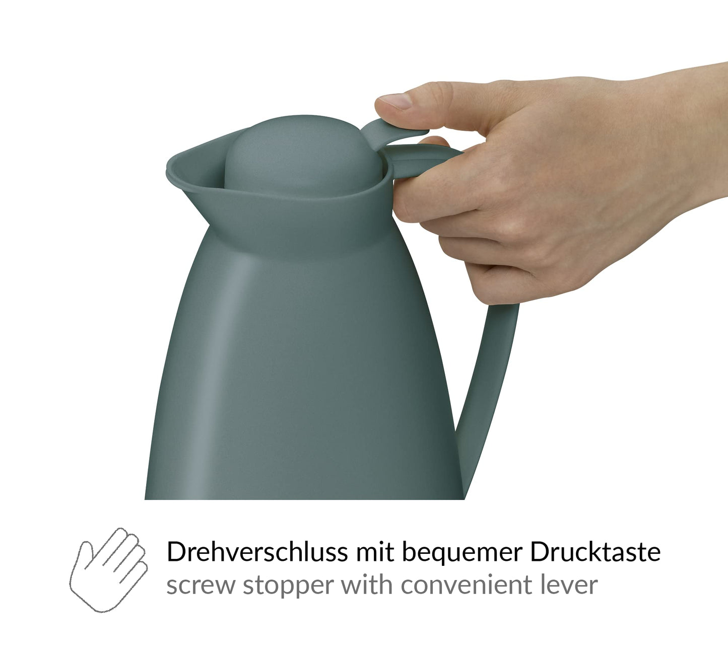 alfi ECO 1,0l, sea pine, Isolierkanne mit hygienischem Hartglaseinsatz aus Kunststoff, Drehverschluss mit bequemer Drucktaste, Ausgießen mit einer Hand, ideal als Kaffeekanne, Teekanne, BPA-frei