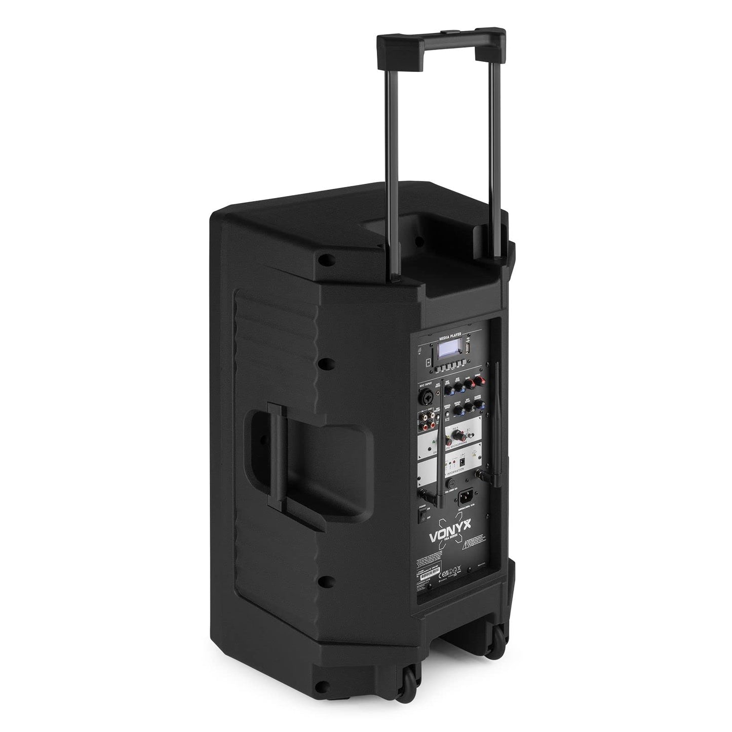 Vonyx VSA700-BP Partybox Bluetooth Lautsprecher Groß 1000W, 8 Std Akku, Mobile PA Anlage Komplettset mit 2 Kabellose Mikrofone und Fernbedienung - Mobile Musikbox Groß, USB, SD, MP3, Schwarz