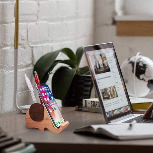 AhfuLife Holz Elefanten Stifthalter mit Handy Halter Schreibtisch Organizer, Schreibtisch dekoration Multifunktionaler Handyhalter, Geschenk für Valentinstag, Geburtstag, Muttertag, Weihnachtstag