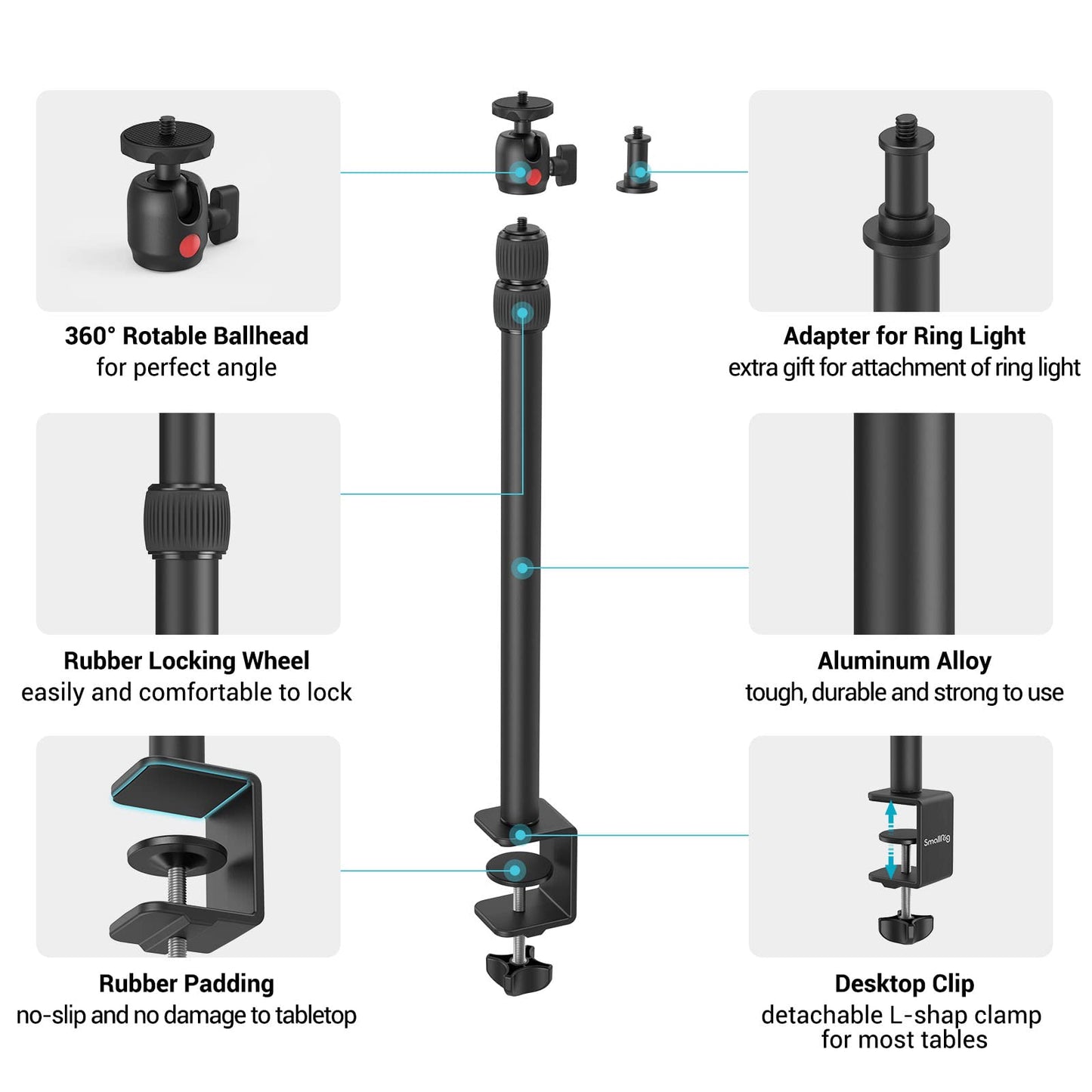 SmallRig Selection Kamera Tischstativ Lichtstativ mit 1/4"-20 Kugelkopf, 13"-35,4" verstellbares Tablet Halterung, Tisch Klemme für DSLR Kamera, Ringlicht, Live Streaming, Video Aufnahmen - 3488
