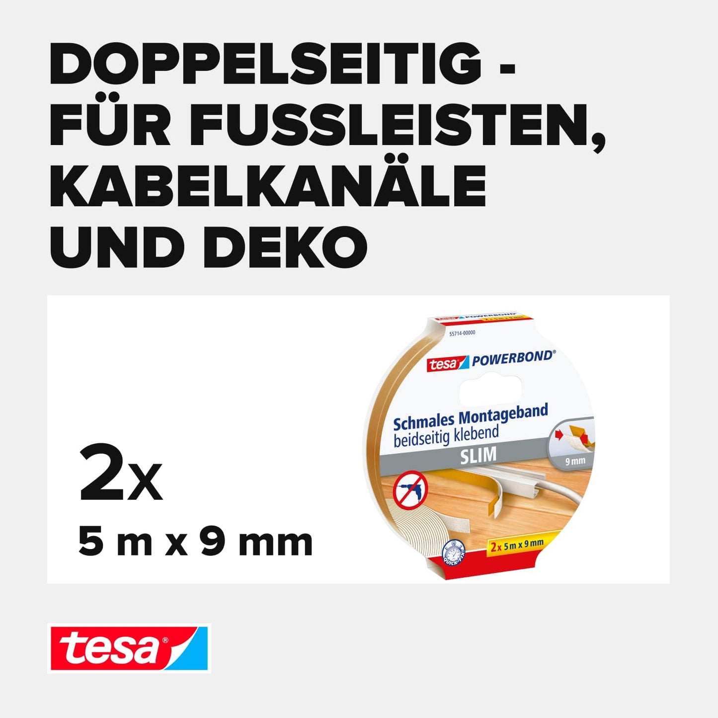 tesa Powerbond Montageband Schmal, 2 Stück - extra schmales Montageklebeband aus Schaumstoff, doppelseitig klebend - beige, 5 m x 9 mm - 2 Rollen