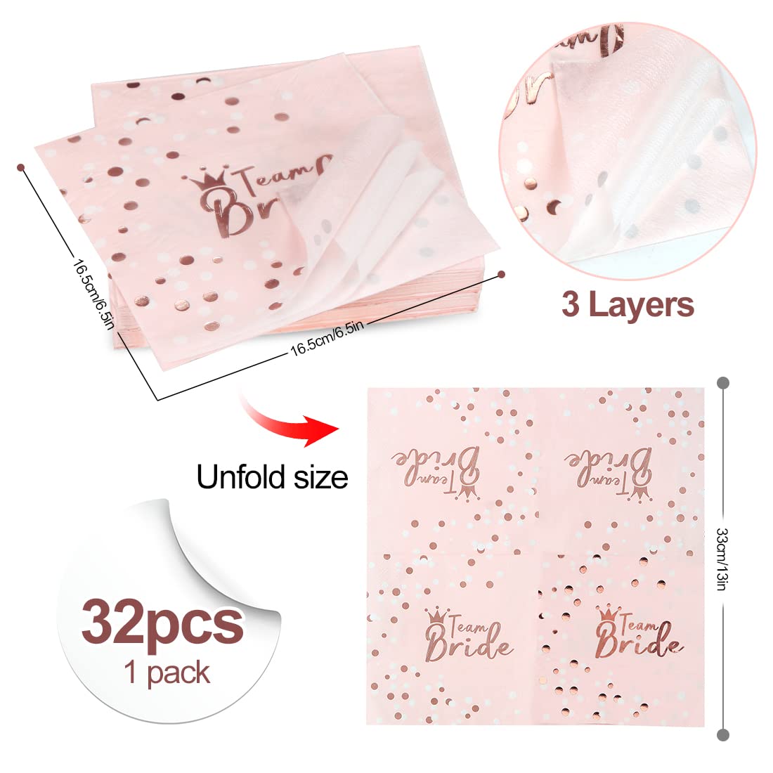 JGA Servietten Rosegold, 32 Stück Team Bride Servietten Tisch Deko, Rosa Team Braut Papierservietten für Frauen Party Deko JGA Tischdeko Junggesellen Junggesellinnenabschied Abschied