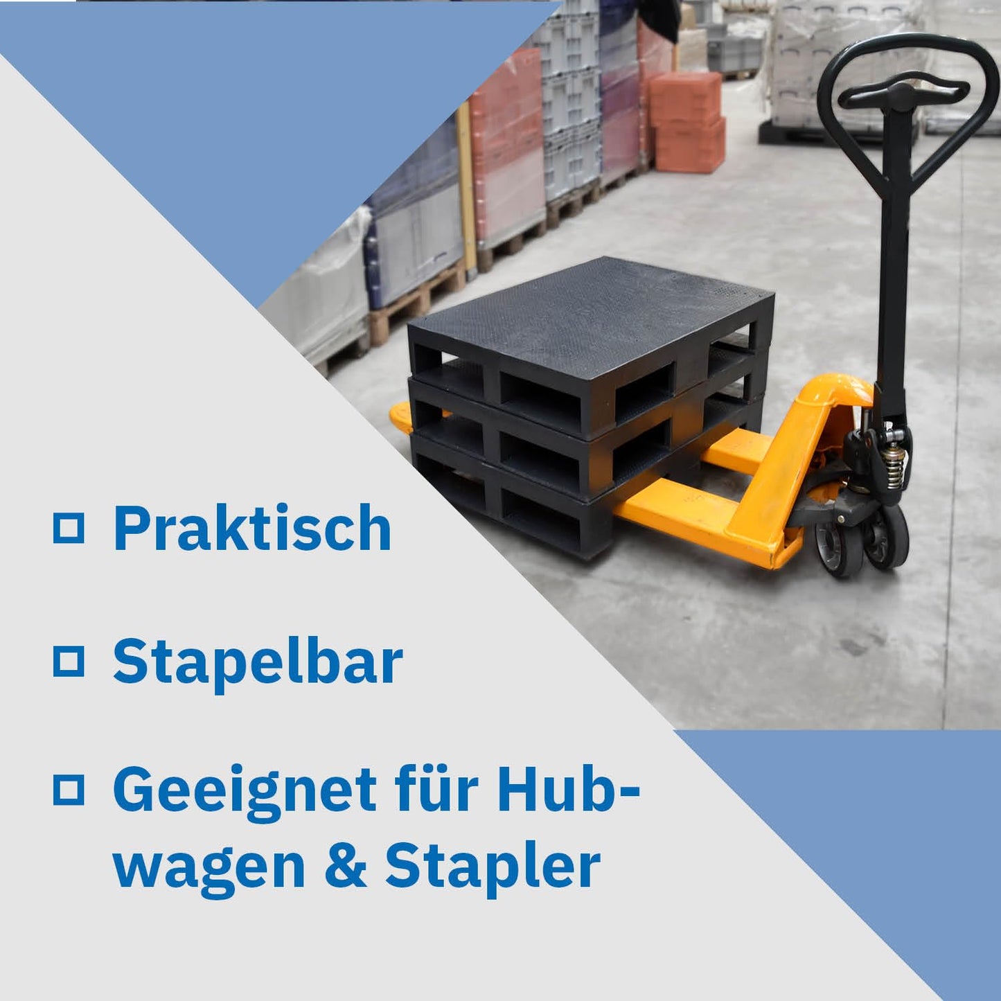 Kunststoff Halbpalette 80 x 60 im halben Europaletten-Maß | bis 2.500 kg statische Traglast | 3 Kufen | 800 x 600 mm | schwarz | ohne Holz (1, Anti-Rutsch-Oberfläche, schwarz)