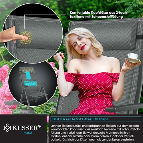 KESSER® Gartenstuhl Hochlehner mit Armlehnen Aluminium Klappstuhl mit Kopfkissen & Cover Campingstuhl 7-Fach Verstellbar Rückenlehne Atmungsaktiv & Wetterfest Klappbar & Anti-Rutsch Anthrazit