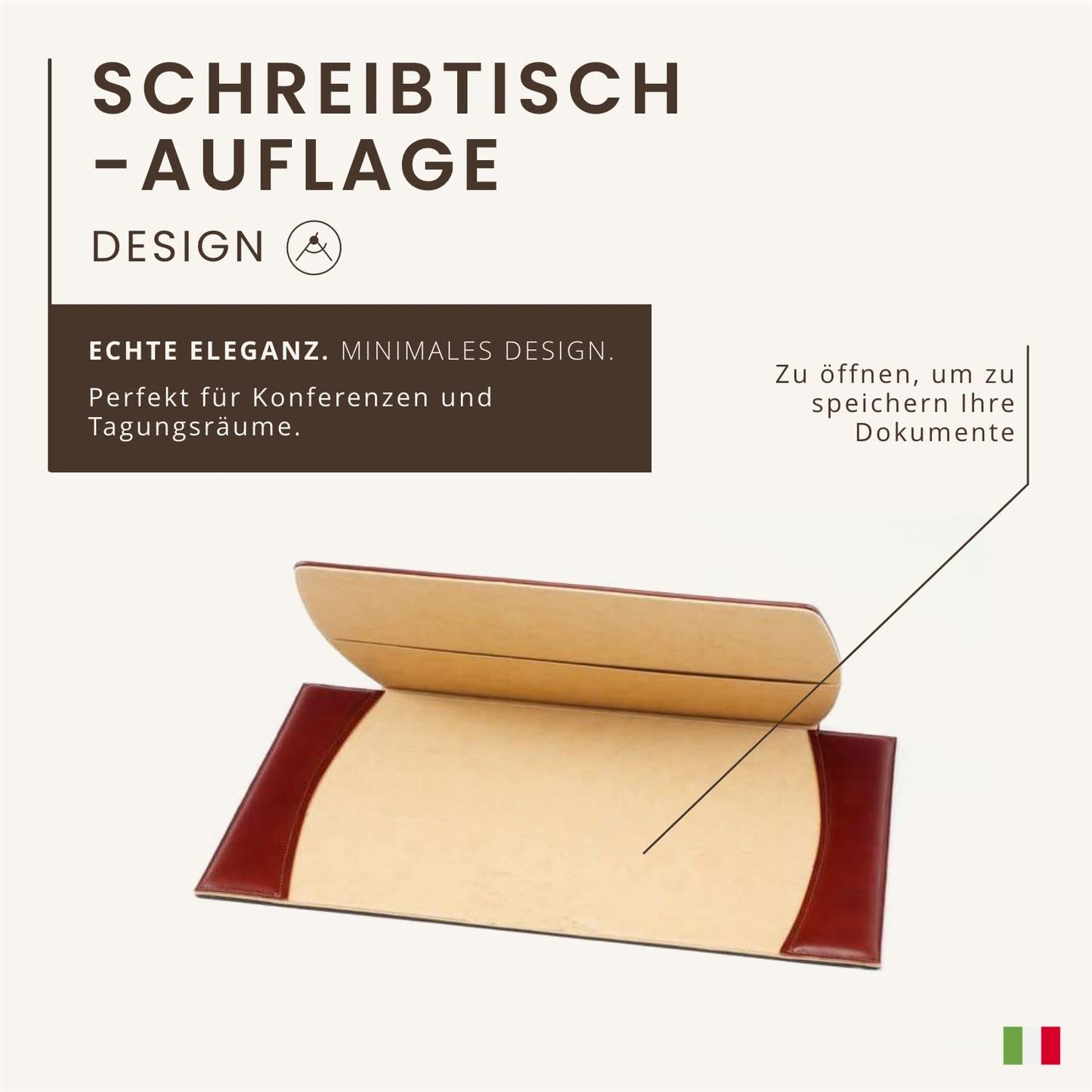 Schreibtisch-Auflage - 100% vollnarbiges Leder – Von fachkundigen Handwerkern in Italien von Hand gearbeitet – Elegant, Weich und Robust - Bedeckt den Schreibtisch, Schützt vor Kratzern - Braun