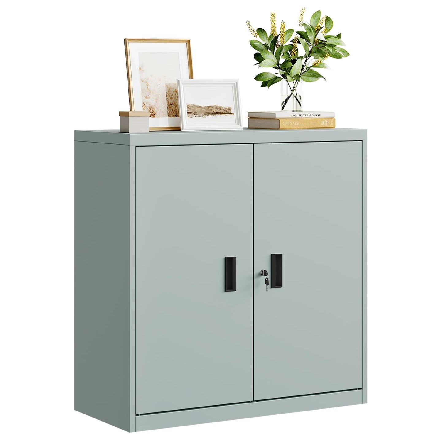 WOLTU Aktenschrank abschließbar, Ordnerschrank mit höhenverstellbarem Einlegboden, Metallschrank mit Schloss, Büroschrank Lagerschrank Mehrzweckschrank, Grau, B90xH92xT40 cm, ASK12gr