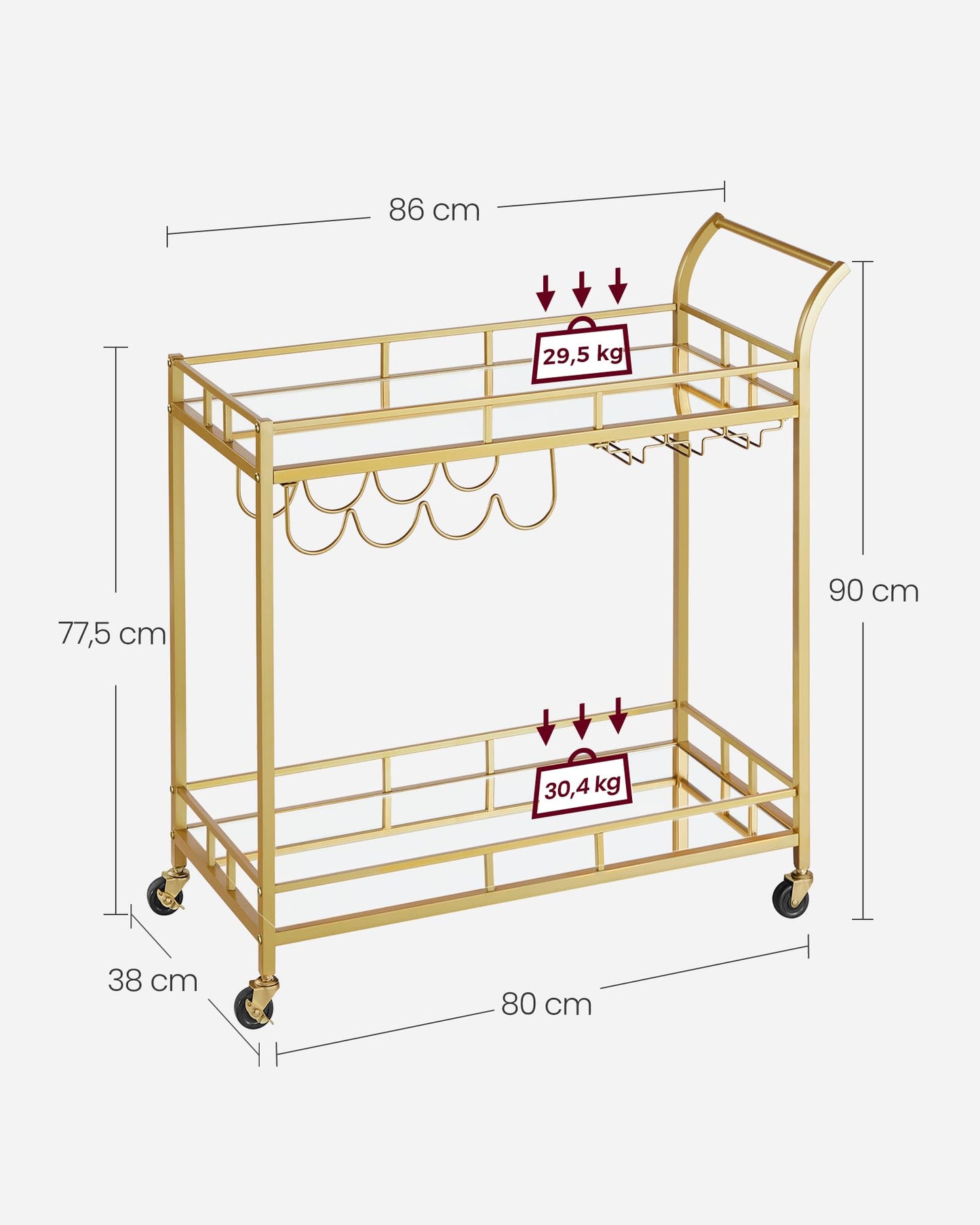 VASAGLE Servierwagen, Rollwagen, Gläserhalter, 2 verspiegelte Glasablagen, Barwagen, Weinwagen, für Küche, Esszimmer, Bar, goldfarben LRC090A03