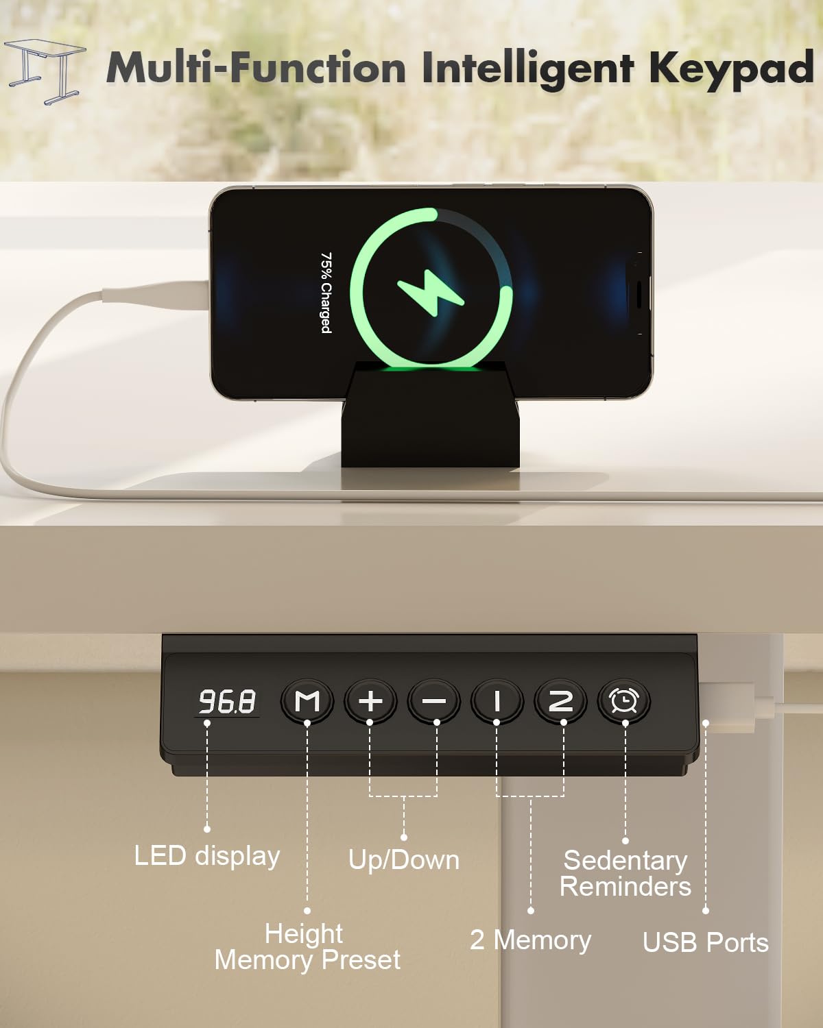 JUMMICO Höhenverstellbarer Schreibtisch mit USB-Ladeanschluss,Schreibtisch Höhenverstellbar Elektrisch, Steh-Sitz Tisch Stehpult Verstellbarer Computertisch,Standing Desk,120 x 60 cm, Weiß