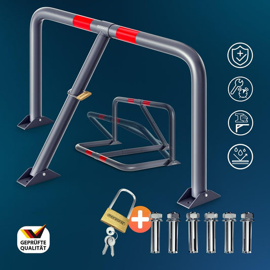 DEUBA® Parkpfosten Parkplatzsperre 3 Schlüssel Sperrpfosten klappbar Vorhängeschloss Stahl Robust Parkplatzbügel