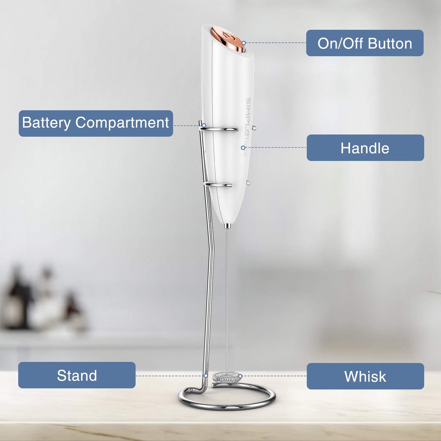 SIMPLETASTE Milchaufschäumer Handheld Batteriebetriebener Elektrischer Schaumbereiter, Getränkemixer mit Edelstahl-Schneebesen und Ständer für Cappuccino, Kugelsicherer Kaffee, Latte