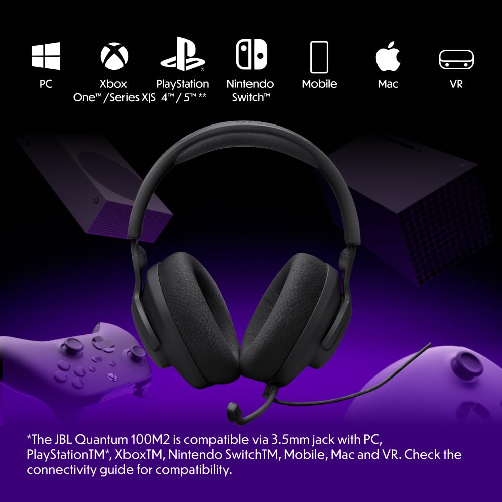JBL Quantum 100M2 Kabelgebundenes Over-Ear Gaming Headset mit JBL QuantumSOUND Signature, 3,5-mm-Klinke, Multi-Plattform-Kompatibilität und abnehmbarem Mikrofon mit Stummschaltungsoption, Schwarz