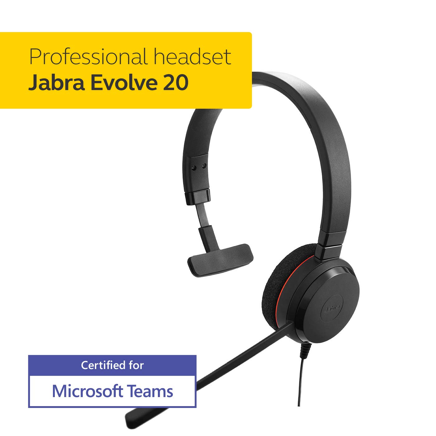 Jabra Evolve 20 Mono Headset – Microsoft Certified Headphones for VoIP Softphone with Passive Noise Cancellation – USB-Cable with Controller – Black
