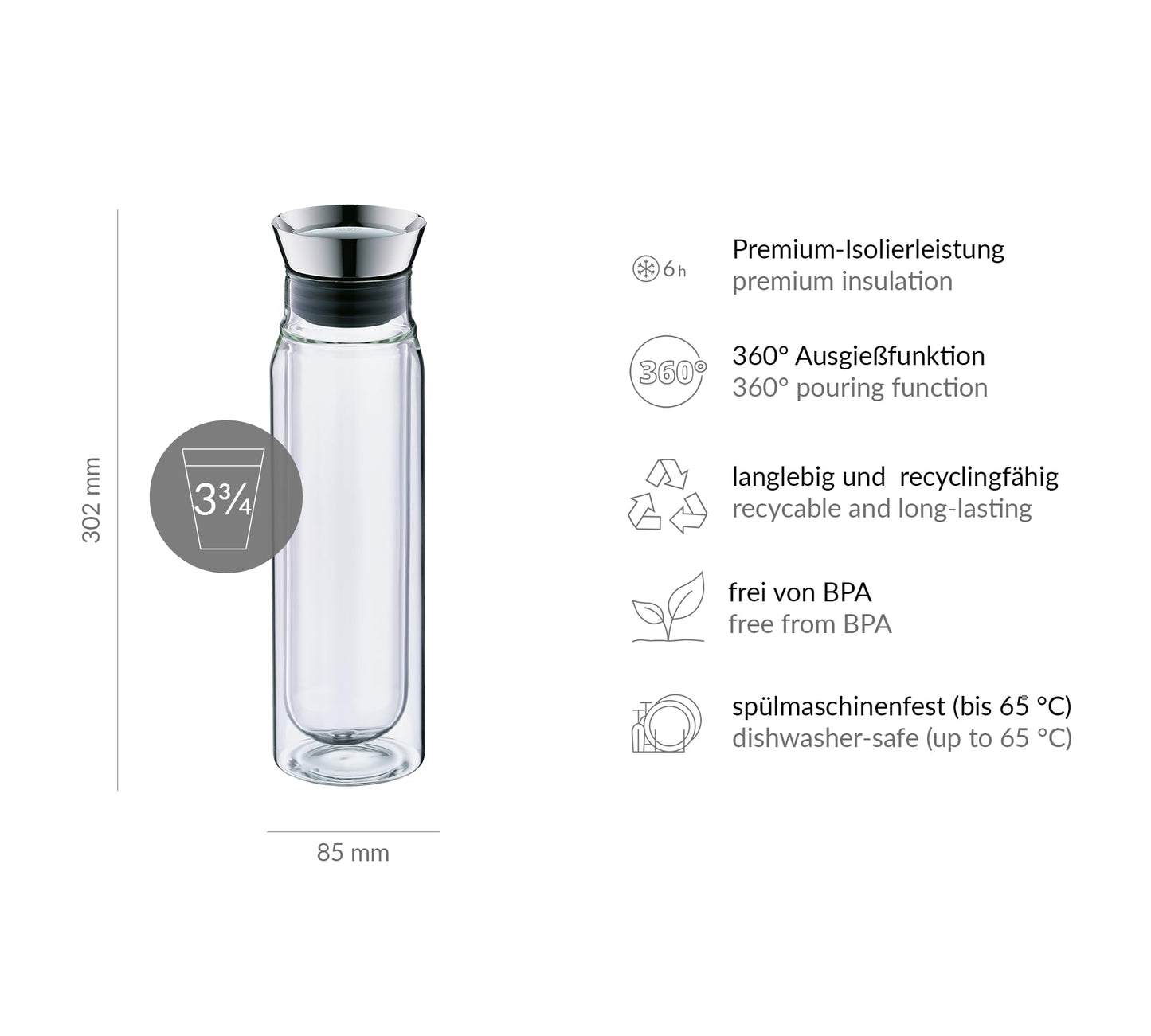alfi FLOWMOTION 0,75l, doppelwandige Glaskaraffe aus Borosilikat, automatisches Ausgießen, integrierter Sieb, zerlegbarer Deckel, spülmaschinenfest, Thermo Glaskaraffe, für heiße und kalte Getränke