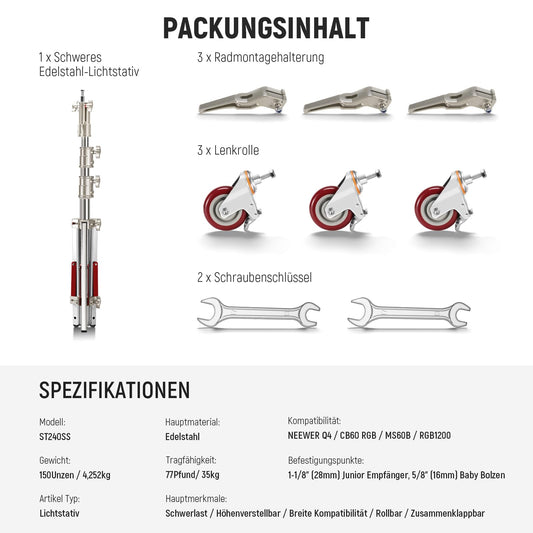 NEEWER Hochleistungs Lichtstativ mit Rollen, Edelstahl Lampenstativ 1-1/8" Junior Empfänger, Federbelasteter 5/8" Babybolzen Max.Belastung 77lb, 240cm Junior Rollständer für Softbox Reflektor ST240SS