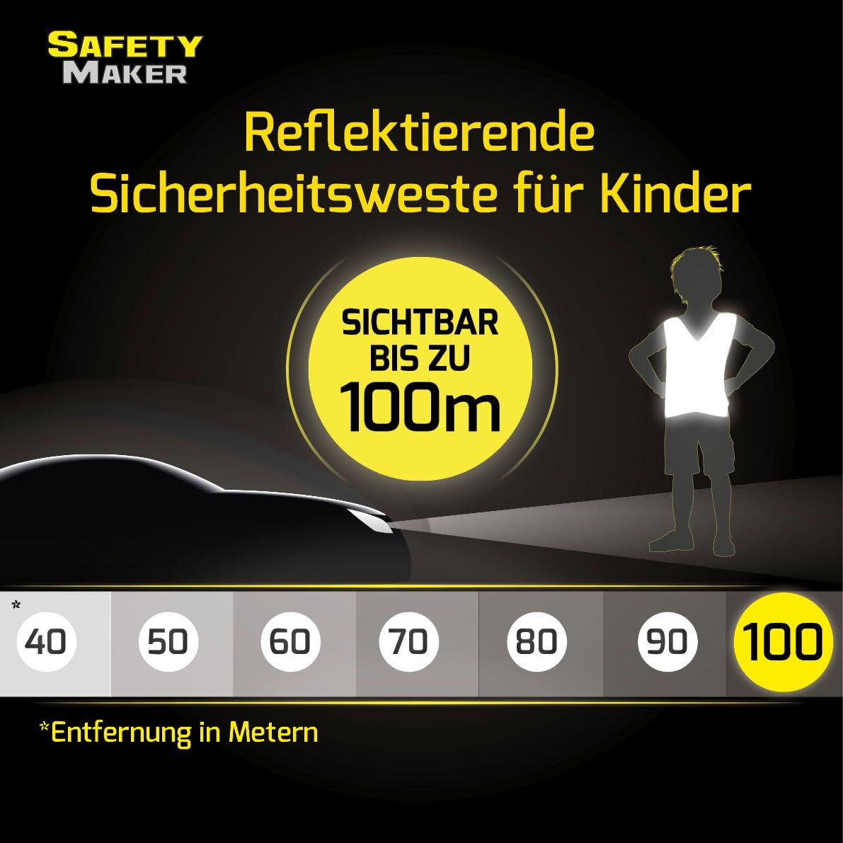 Safety Maker 44571 Kinder Sicherheitsweste, Warnweste, Reflektorweste, refkletierend für 7-14 Jahre, gelb