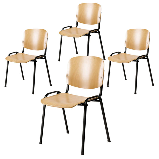 Topsit 4er-Set stapelbarer Besucherstühle mit Buchenholz-Sitzfläche und Rückenlehne sowie schwarzem Metallgestell, ideal für Konferenzräume, Wartebereiche oder Schulen, in einem modernen Setting.