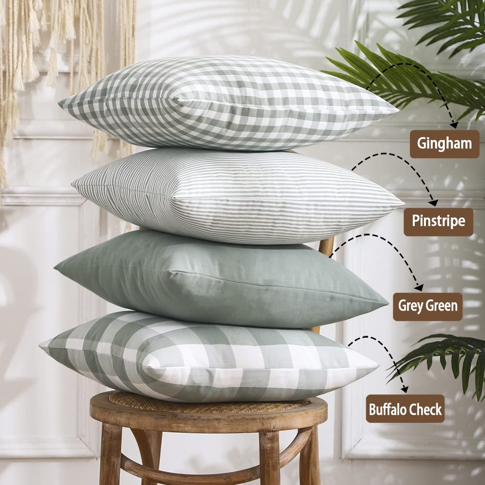 CARRIE HOME Farmhouse Salbeigrün Plaid Kissenbezüge 45.7x45.7 cm, 4er-Set Frühling Neutral Wurfkissen, Hellgrün kariert, dekorativer Kissenbezug für Innenbereich, Couch, Bett oder Veranda, Grau,Grün