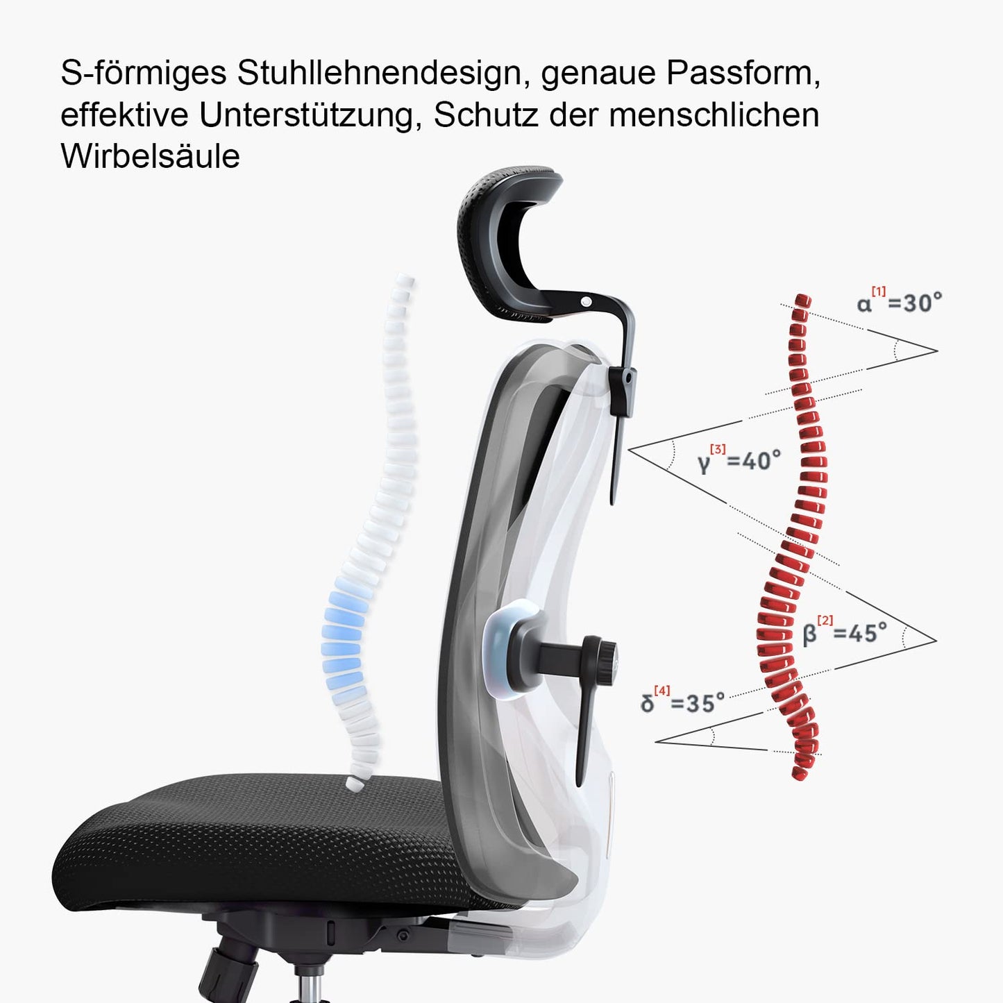 SIHOO Bürostuhl Ergonomischer Schreibtischstuhl, Drehstuhl hat Verstellbarer Lordosenstütze, Kopfstütze und Armlehne, Höhenverstellung und Wippfunktion, Rückenschonend, Bis 150kg/330LB Belastbar