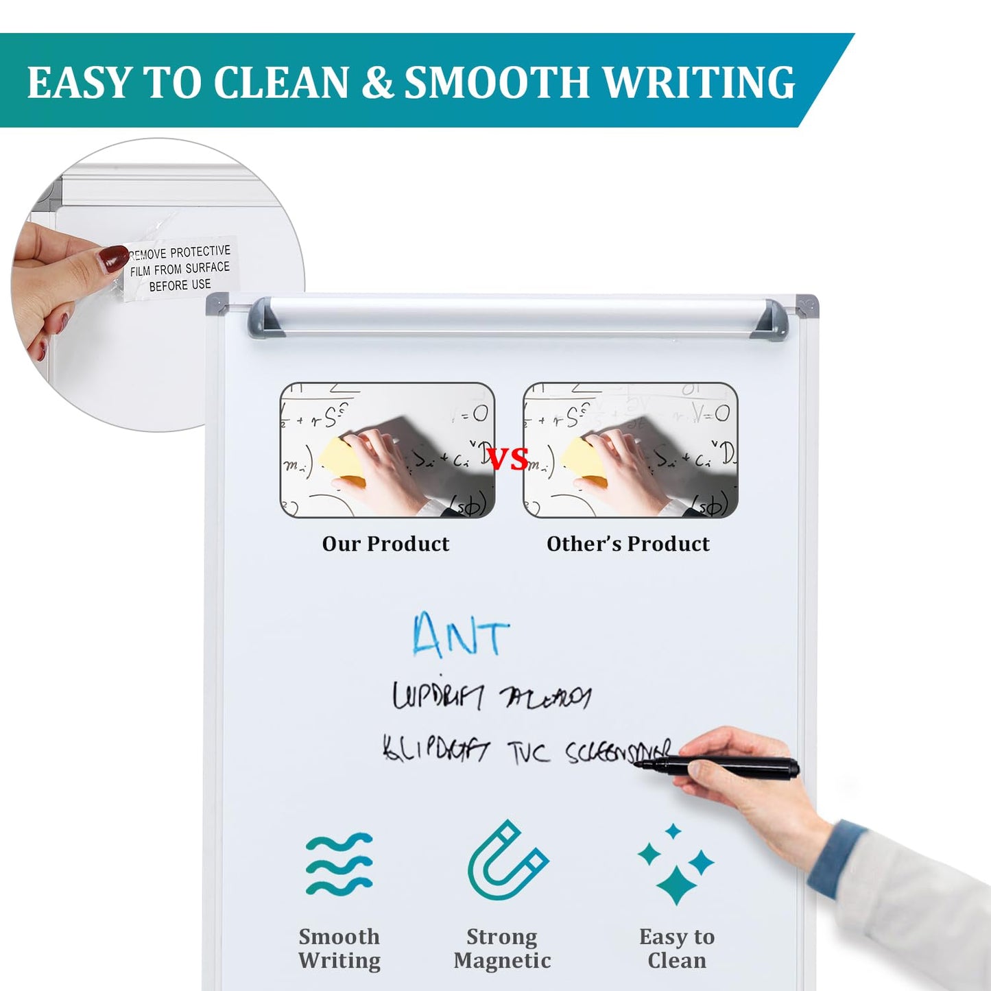MAKELLO Flipchart 70x100cm Mobiles Whiteboard auf Rollen, Magnetisch Trocken Abwischbar, Höhenverstellbar, Rundfuß, Flip Chart Board für Büro