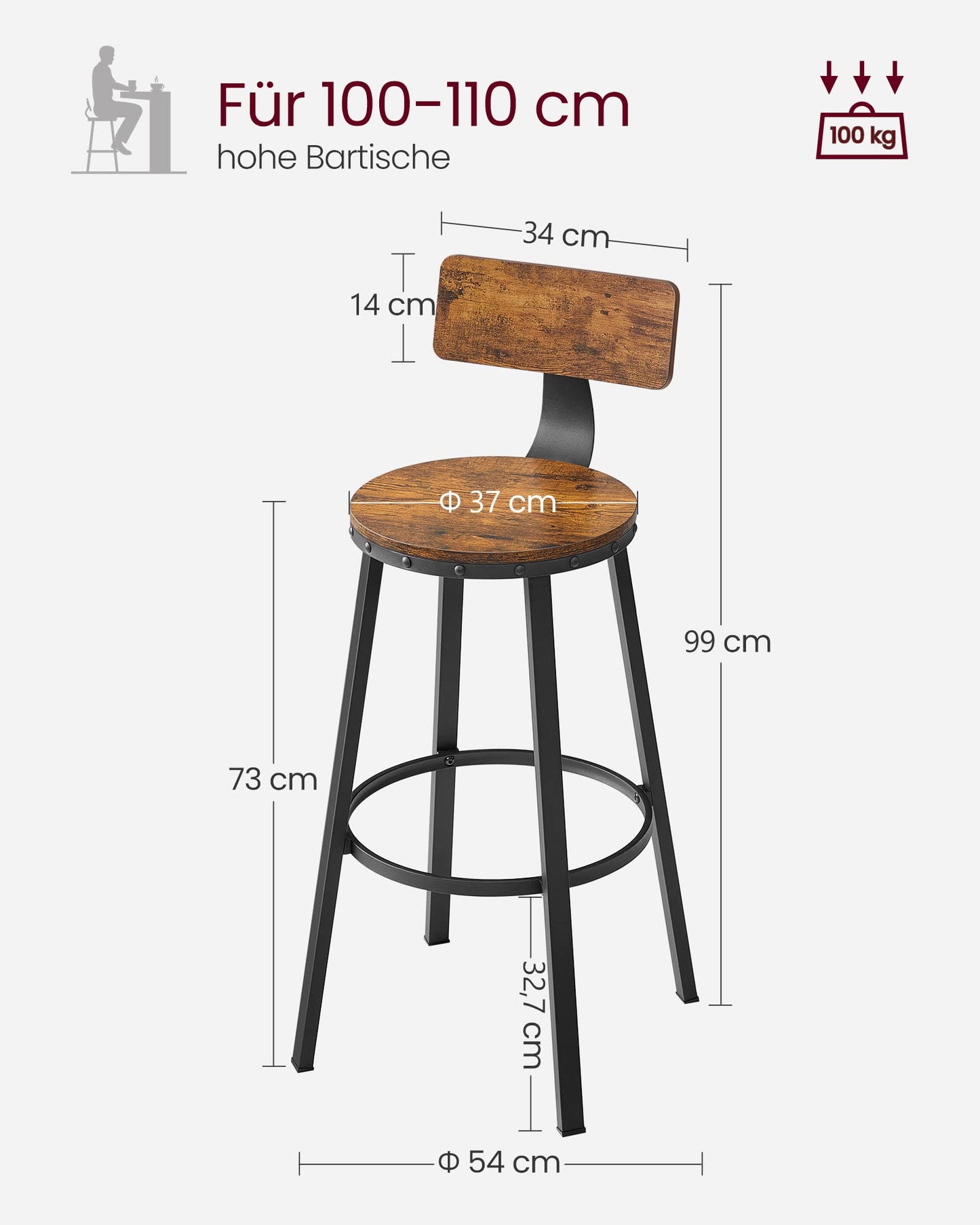 VASAGLE Barhocker, 2er Set, Barstuhl, Küchenstuhl mit Metallgestell, Sitzhöhe 73 cm, einfache Montage, Industrie-Design, vintagebraun-schwarz LBC026B01V1