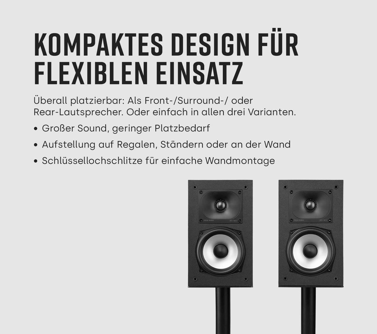 Polk Audio Monitor XT20 Regallautsprecher, Stereolautsprecher, Surround Lautsprecher, Hi-Res Zertifiziert, Dolby Atmos und DTS:X kompatibel, HiFi und Heimkino Lautsprecher (Paar), Schwarz