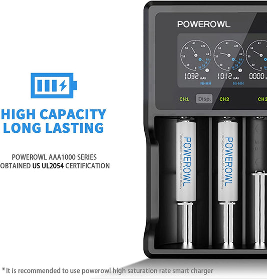 POWEROWL AAA Akku 1000mah 8 Stück mit Akku Ladegerät, AAA Akkuladegerät 8 Steckplatz Anschluss Universal Batterieladegerät für NI-MH NI-CD AA AAA Wiederaufladbare Batterien