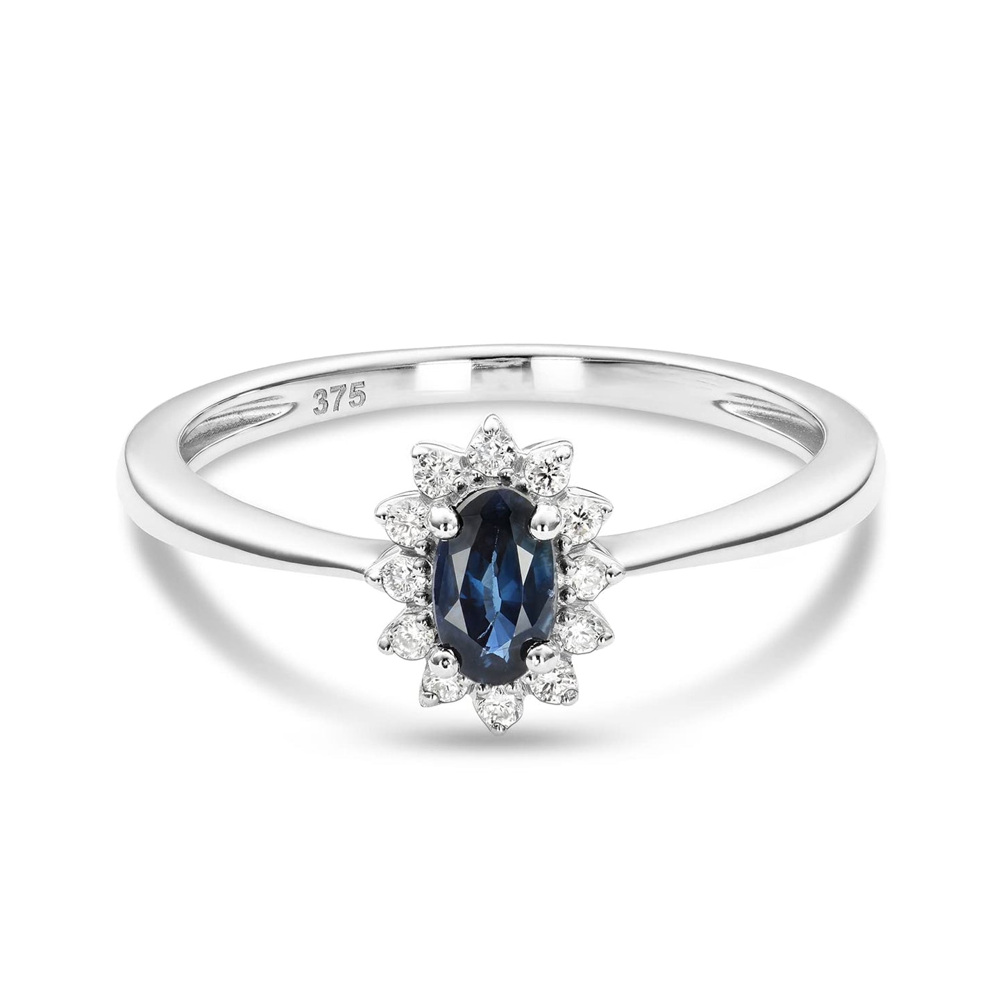 MIORE Schmuck Damen 0.07 Ct Diamant Blume Verlobungsring mit Edelstein Geburtsstein natürlicher ovaler blauer Saphir umgeben von 12 Diamanten Brillanten klassischer Ring aus Weißgold 9 Karat 375 Gold