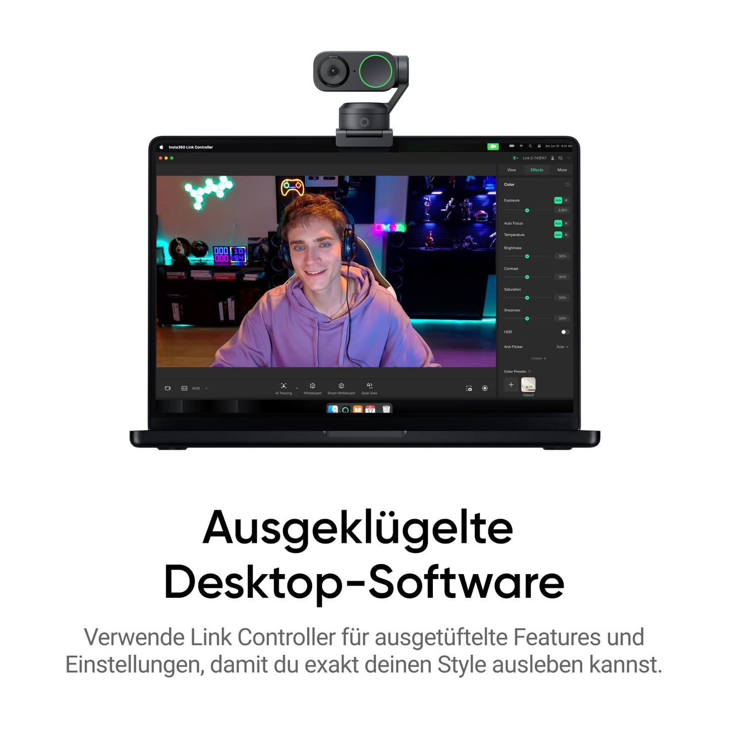 Insta360 Link 2 Standard Bundle - 4K Webcam für PC/Mac, 1/2" Sensor, KI-Tracking, HDR, Mikrofon mit KI-Geräuschunterdrückung, Gestenkontrolle für Streaming, Videoanrufe, Gaming, kompatibel mit Zoom