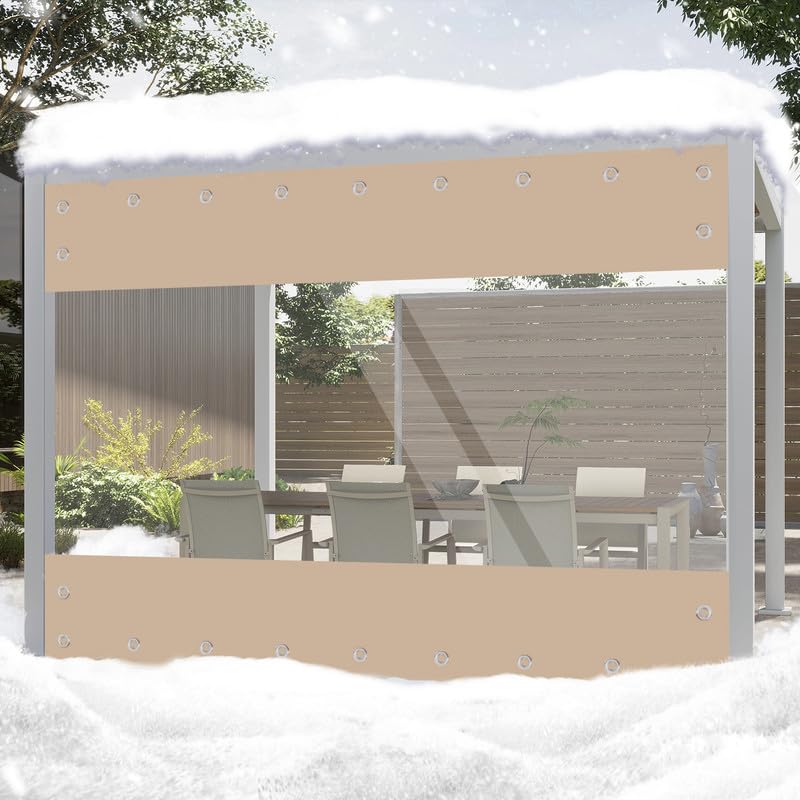 Transparente Plane mit ösen Wasserdicht 420g/m² PVC Abdeckplane Gewebeplane Windschutz Regenschutz für Garten Pavillon Terrassen Balkon Gewächshäuser (Khaki, Höhe 2.4m x Breite 2.4m)