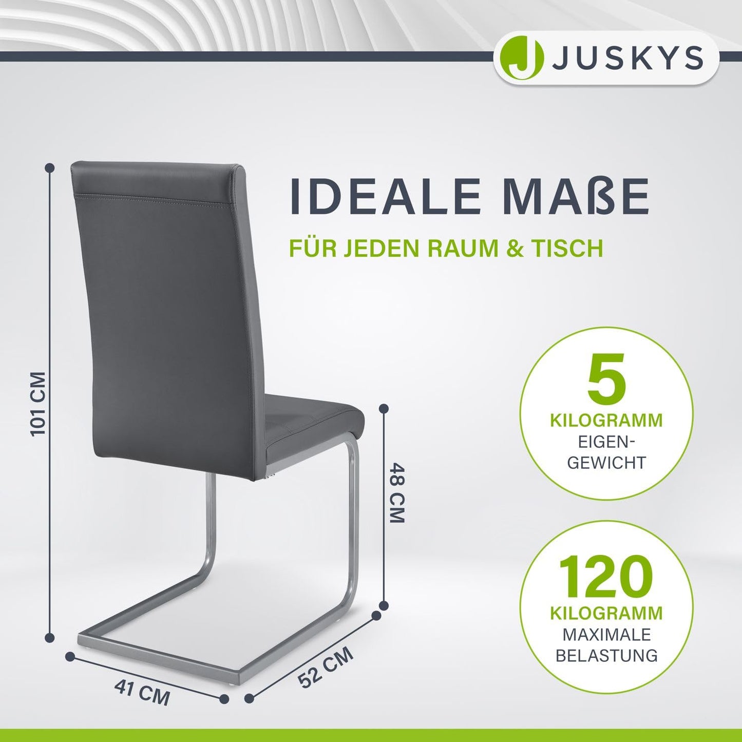 Juskys Freischwinger Schwingstuhl Vegas 4er Set - 4 Esszimmerstühle mit Rückenlehne, Küchenstühle aus Metall & Kunstleder - Stühle modern für Esszimmer, Wohnzimmer & Küche - Grau