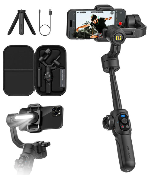 Professioneller Gimbal-Stabilisator für Smartphones, integrierte 18-cm-Verlängerung und leistungsstarkes Fülllicht, Gesichts Objektverfolgungsstabilisator, 3-Achsen-Gimbal für iPhone, AOCHUAN Smart S2