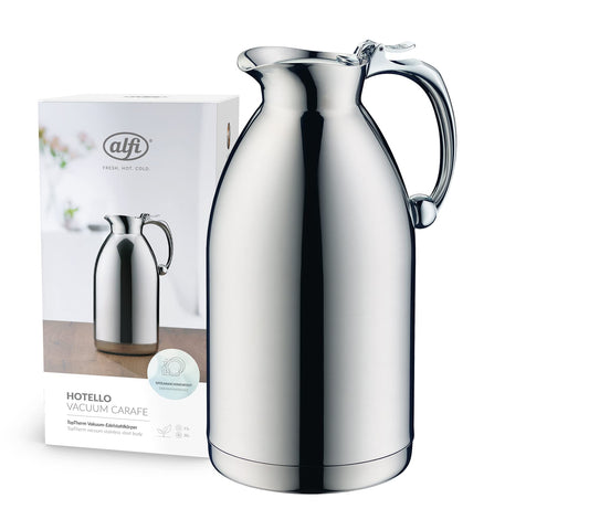 alfi HOTELLO 1,5l, Isolierkanne aus doppelwandigem Edelstahl, hält 4 Stunden warm, 6 Stunden kalt, locker aufliegender Deckel, mit einer Hand ausgießen, plastikfrei, spülmaschinenfest, für Gastronomie