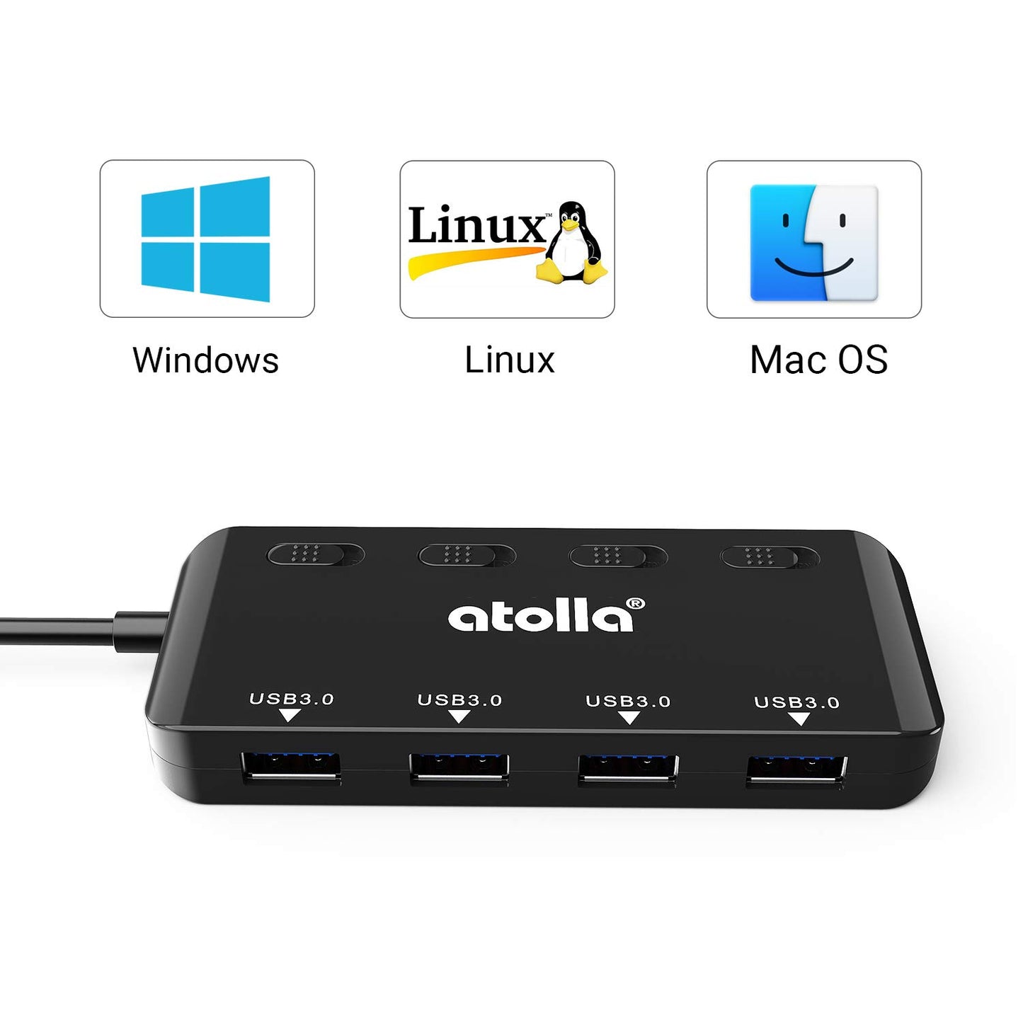 atolla 4 Port USB 3.0 Hub, USB-Hub aktiv Verteiler Datenhub 5Gbps mit einzelnen Power Schalter und LEDs