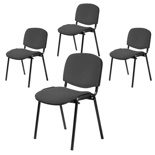 opsit 4er-Set antrazitfarbener stapelbarer Besucherstühle ISO mit weicher Polsterung und Metallgestell, ideal für Konferenzräume und Wartebereiche, in einem modernen Büro aufgestellt.