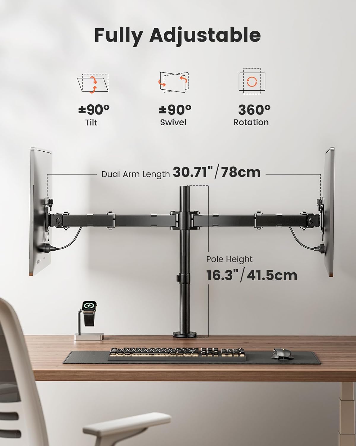 ErGear Monitor Halterung 2 Monitore für 13-32 Zoll Bildschirm, Bildschirmhalterung 2 Monitore Höhenverstellbar Neigbar Schwenkbar Drehungbar, Monitorhalterung 2 Monitore, VESA 75/100